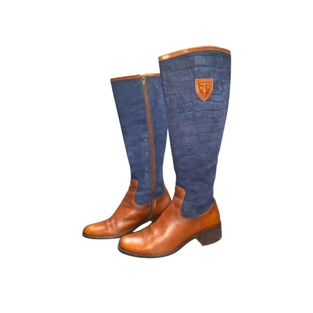 Botticelli Italian Leather Tall Riding Boots Brown Navy Blue Croc Suede Mens 39